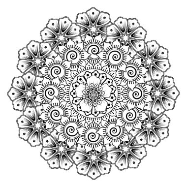 Kına, mehndi, dövme ve dekorasyon için çiçekli dairesel desen. Etnik doğu tarzında dekoratif bir süs. boyama kitabı sayfası.