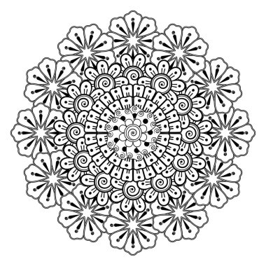 Kına, mehndi, dövme ve dekorasyon için çiçekli dairesel desen. Etnik doğu tarzında dekoratif bir süs. boyama kitabı sayfası.