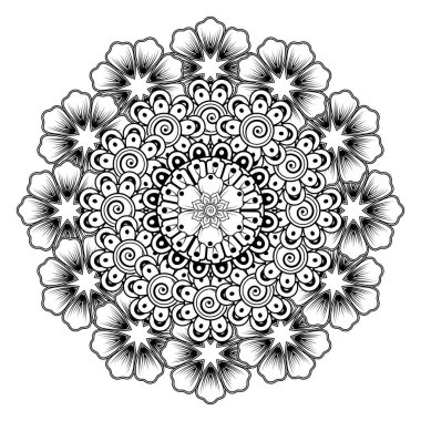 Kına, mehndi, dövme ve dekorasyon için çiçekli dairesel desen. Etnik doğu tarzında dekoratif bir süs. boyama kitabı sayfası.