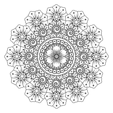 Kına, mehndi, dövme ve dekorasyon için çiçekli dairesel desen. Etnik doğu tarzında dekoratif bir süs. boyama kitabı sayfası.