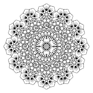 Kına, mehndi, dövme ve dekorasyon için çiçekli dairesel desen. Etnik doğu tarzında dekoratif bir süs. boyama kitabı sayfası.