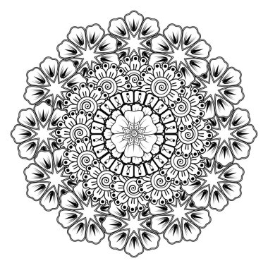 Kına, mehndi, dövme ve dekorasyon için çiçekli dairesel desen. Etnik doğu tarzında dekoratif bir süs. boyama kitabı sayfası.