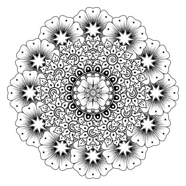 Kına, mehndi, dövme ve dekorasyon için çiçekli dairesel desen. Etnik doğu tarzında dekoratif bir süs. boyama kitabı sayfası.