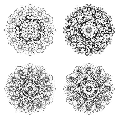 Kına, mehndi, dövme ve dekorasyon için Mehndi çiçeği seti. Etnik doğu tarzında dekoratif bir süs. boyama kitabı sayfası.