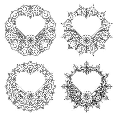 Mehndi çiçeği seti. Etnik doğu tarzında dekoratif bir süs. boyama kitabı sayfası. Amblem lüks güzellik merkezi, kozmetik, mücevher, otel, restoran. Düğün zarif taslak çerçevesi. Klasik premium tasarım vektör ögesi.