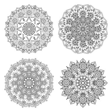 Mehndi çiçeği seti. Etnik doğu tarzında dekoratif bir süs. boyama kitabı sayfası. Amblem lüks güzellik merkezi, kozmetik, mücevher, otel, restoran. Düğün zarif taslak çerçevesi. Klasik premium tasarım vektör ögesi.