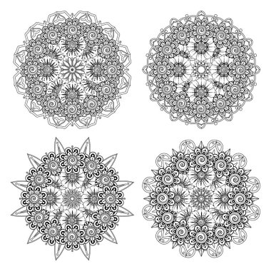 Mehndi çiçeği seti. Etnik doğu tarzında dekoratif bir süs. boyama kitabı sayfası. Amblem lüks güzellik merkezi, kozmetik, mücevher, otel, restoran. Düğün zarif taslak çerçevesi. Klasik premium tasarım vektör ögesi.