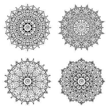 Mehndi çiçeği seti. Etnik doğu tarzında dekoratif bir süs. boyama kitabı sayfası. Amblem lüks güzellik merkezi, kozmetik, mücevher, otel, restoran. Düğün zarif taslak çerçevesi. Klasik premium tasarım vektör ögesi.