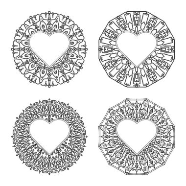 Mehndi çiçeği seti. Etnik doğu tarzında dekoratif bir süs. boyama kitabı sayfası. Amblem lüks güzellik merkezi, kozmetik, mücevher, otel, restoran. Düğün zarif taslak çerçevesi. Klasik premium tasarım vektör ögesi.