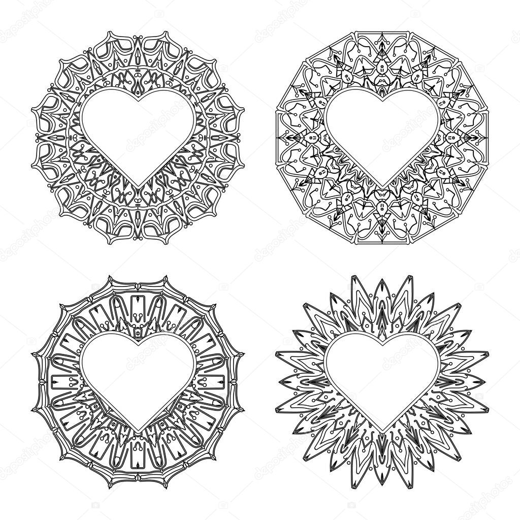 Set of Mehndi flower. decorative ornament in ethnic oriental style. coloring book page. Emblem luxury beauty spa, cosmetics, jewelry, hotel, restaurant. Wedding elegant outline frame. Vintage premium design vector element.