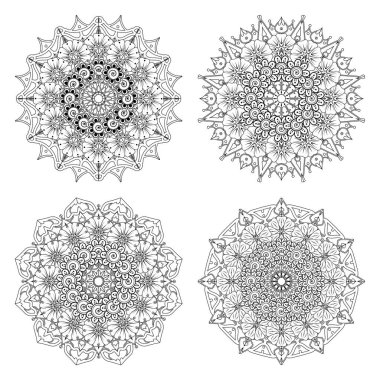 Kına, mehndi, dövme ve dekorasyon için Mehndi çiçeği seti. Etnik doğu tarzında dekoratif bir süs. Karalama süsü. El çizimi çizimi çizimi. boyama kitabı sayfası.