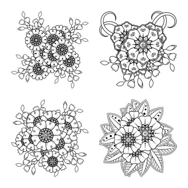 Kına, mehndi, dövme ve dekorasyon için Mehndi çiçeği seti. Etnik doğu tarzında dekoratif bir süs. Karalama süsü. El çizimi çizimi çizimi. boyama kitabı sayfası.