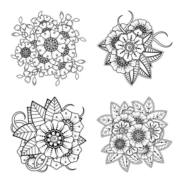 Kına, mehndi, dövme ve dekorasyon için Mehndi çiçeği seti. Etnik doğu tarzında dekoratif bir süs. Karalama süsü. El çizimi çizimi çizimi. boyama kitabı sayfası.