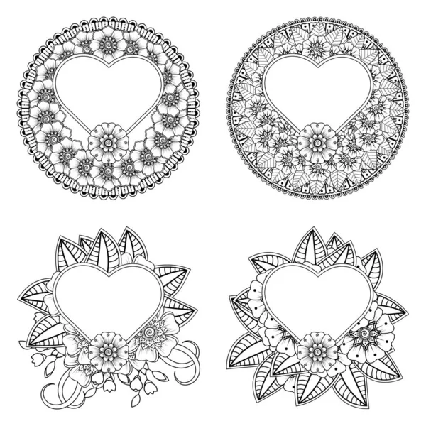 Kına, mehndi, dövme ve dekorasyon için Mehndi çiçeği seti. Etnik doğu tarzında dekoratif bir süs. Karalama süsü. El çizimi çizimi çizimi. boyama kitabı sayfası.