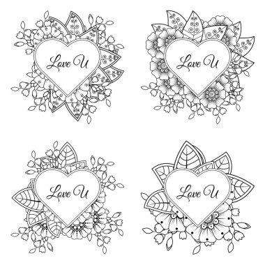 Kına, mehndi, dövme ve dekorasyon için Mehndi çiçeği seti. Etnik doğu tarzında dekoratif bir süs. Karalama süsü. El çizimi çizimi çizimi. boyama kitabı sayfası.