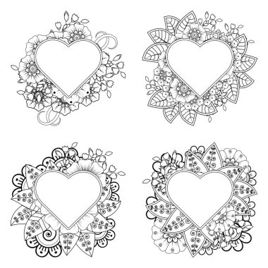 Kına, mehndi, dövme ve dekorasyon için Mehndi çiçeği seti. Etnik doğu tarzında dekoratif bir süs. Karalama süsü. El çizimi çizimi çizimi. boyama kitabı sayfası.