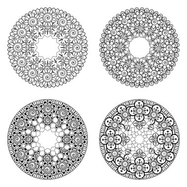 Kına, mehndi, dövme ve dekorasyon için Mehndi çiçeği seti. Etnik doğu tarzında dekoratif bir süs. Karalama süsü. El çizimi çizimi çizimi. boyama kitabı sayfası.