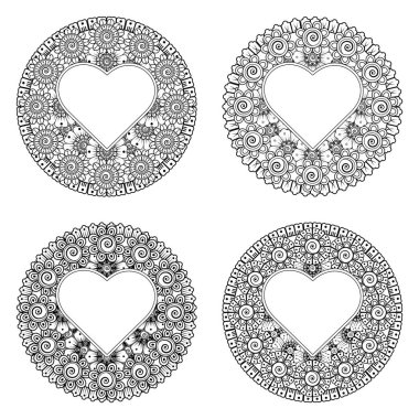 Kına, mehndi, dövme ve dekorasyon için Mehndi çiçeği seti. Etnik doğu tarzında dekoratif bir süs. Karalama süsü. El çizimi çizimi çizimi. boyama kitabı sayfası.