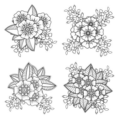 Kına, mehndi, dövme ve dekorasyon için Mehndi çiçeği seti. Etnik doğu tarzında dekoratif bir süs. Karalama süsü. El çizimi çizimi çizimi. boyama kitabı sayfası.