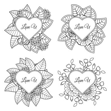 Kına, mehndi, dövme ve dekorasyon için Mehndi çiçeği seti. Etnik doğu tarzında dekoratif bir süs. boyama kitabı sayfası.