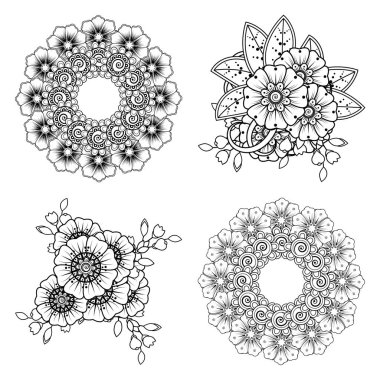 Kına, mehndi, dövme ve dekorasyon için Mehndi çiçeği seti. Etnik doğu tarzında dekoratif bir süs. Karalama süsü. El çizimi çizimi çizimi. boyama kitabı sayfası.