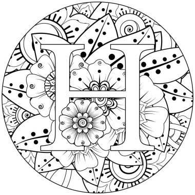 Mehndi 'nin kına, mehndi, dövme, dekorasyon çiçeği. Etnik doğu tarzında dekoratif bir süs. Karalama süsü. El çizimi çizimi çizimi. boyama kitabı sayfası.