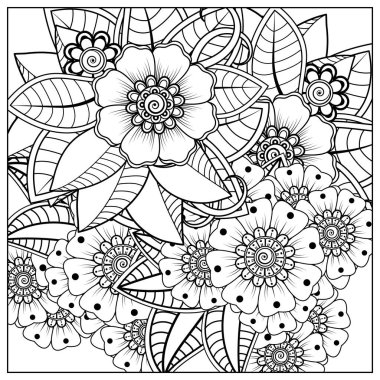 Mehndi 'nin kına, mehndi, dövme, dekorasyon çiçeği. Etnik doğu tarzında dekoratif bir süs. Karalama süsü. El çizimi çizimi çizimi. boyama kitabı sayfası.