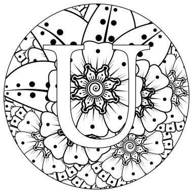 Mehndi 'nin kına, mehndi, dövme, dekorasyon çiçeği. Etnik doğu tarzında dekoratif bir süs. Karalama süsü. El çizimi çizimi çizimi. boyama kitabı sayfası.