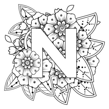 Mehndi 'nin kına, mehndi, dövme, dekorasyon çiçeği. Etnik doğu tarzında dekoratif bir süs. Karalama süsü. El çizimi çizimi çizimi. boyama kitabı sayfası.