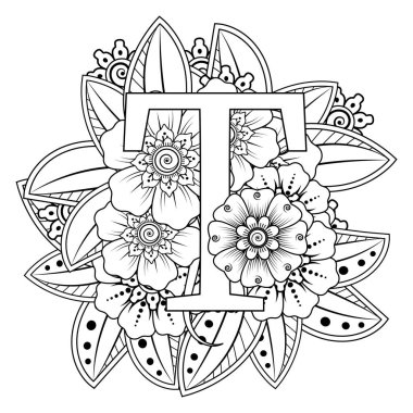 Mehndi 'nin kına, mehndi, dövme, dekorasyon çiçeği. Etnik doğu tarzında dekoratif bir süs. Karalama süsü. El çizimi çizimi çizimi. boyama kitabı sayfası.