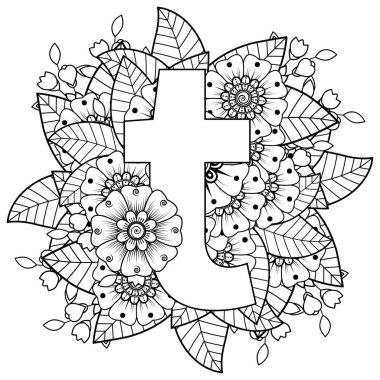 Mehndi 'nin kına, mehndi, dövme, dekorasyon çiçeği. Etnik doğu tarzında dekoratif bir süs. Karalama süsü. El çizimi çizimi çizimi. boyama kitabı sayfası.