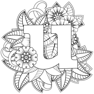 Mehndi 'nin kına, mehndi, dövme, dekorasyon çiçeği. Etnik doğu tarzında dekoratif bir süs. Karalama süsü. El çizimi çizimi çizimi. boyama kitabı sayfası.