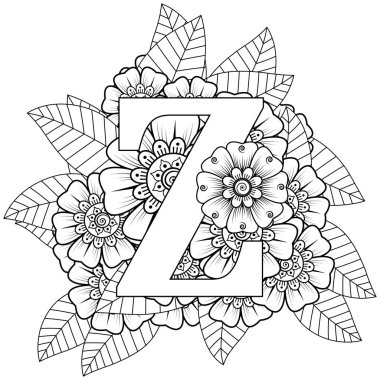 Mehndi 'nin kına, mehndi, dövme, dekorasyon çiçeği. Etnik doğu tarzında dekoratif bir süs. Karalama süsü. El çizimi çizimi çizimi. boyama kitabı sayfası.