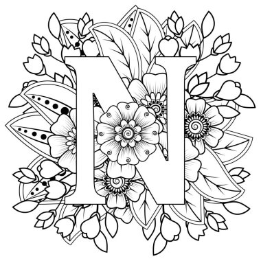 Mehndi 'nin kına, mehndi, dövme, dekorasyon çiçeği. Etnik doğu tarzında dekoratif bir süs. Karalama süsü. El çizimi çizimi çizimi. boyama kitabı sayfası.