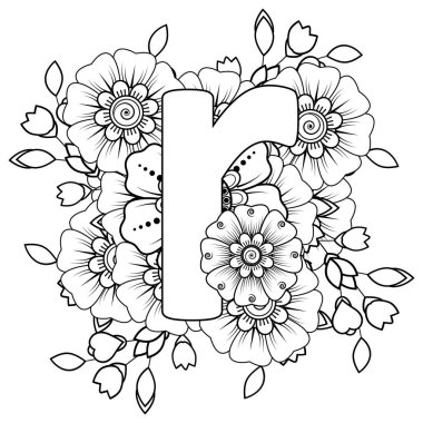 Mehndi 'nin kına, mehndi, dövme, dekorasyon çiçeği. Etnik doğu tarzında dekoratif bir süs. Karalama süsü. El çizimi çizimi çizimi. boyama kitabı sayfası.