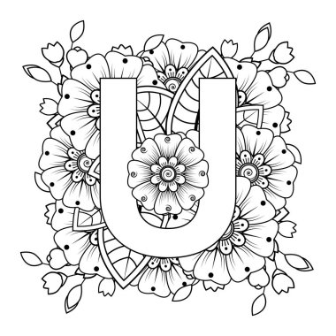 Mehndi 'nin kına, mehndi, dövme, dekorasyon çiçeği. Etnik doğu tarzında dekoratif bir süs. Karalama süsü. El çizimi çizimi çizimi. boyama kitabı sayfası.