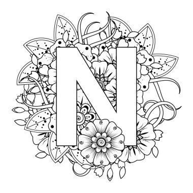 Mehndi 'nin kına, mehndi, dövme, dekorasyon çiçeği. Etnik doğu tarzında dekoratif bir süs. Karalama süsü. El çizimi çizimi çizimi. boyama kitabı sayfası.