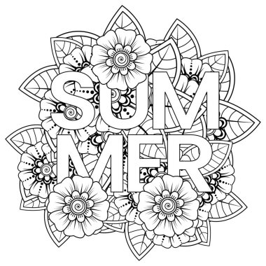 Mehndi 'nin kına, mehndi, dövme, dekorasyon çiçeği. Etnik doğu tarzında dekoratif bir süs. Karalama süsü. El çizimi çizimi çizimi. boyama kitabı sayfası.