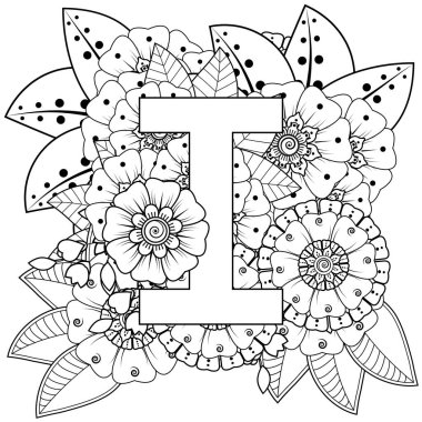 Mehndi 'nin kına, mehndi, dövme, dekorasyon çiçeği. Etnik doğu tarzında dekoratif bir süs. Karalama süsü. El çizimi çizimi çizimi. boyama kitabı sayfası.