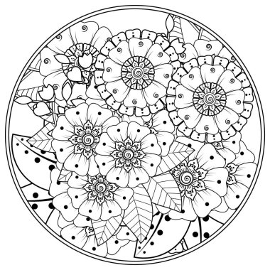 Mehndi 'nin kına, mehndi, dövme, dekorasyon çiçeği. Etnik doğu tarzında dekoratif bir süs. Karalama süsü. El çizimi çizimi çizimi. boyama kitabı sayfası.