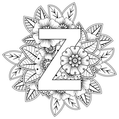 Mehndi 'nin kına, mehndi, dövme, dekorasyon çiçeği. Etnik doğu tarzında dekoratif bir süs. Karalama süsü. El çizimi çizimi çizimi. boyama kitabı sayfası.