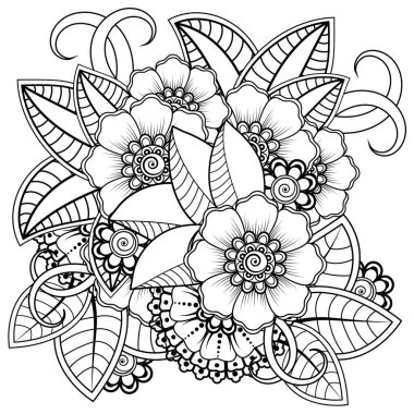 Mehndi 'nin kına, mehndi, dövme, dekorasyon çiçeği. Etnik doğu tarzında dekoratif bir süs. Karalama süsü. El çizimi çizimi çizimi. boyama kitabı sayfası.