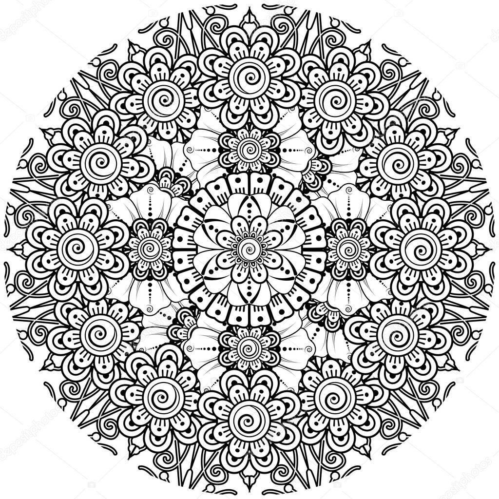 Mehndi flower decorative ornament in ethnic oriental style, doodle ornament, outline hand draw.