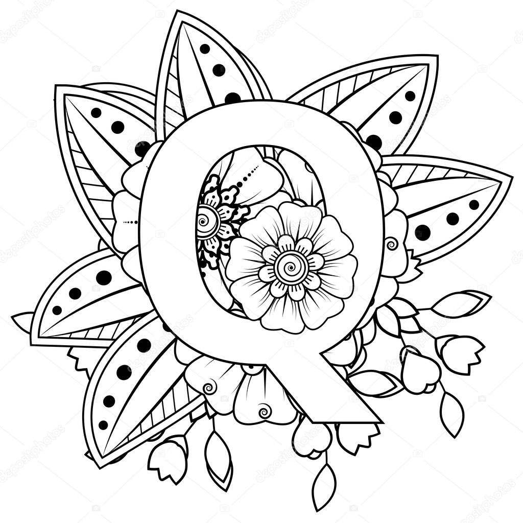 Mehndi flower for henna, mehndi, tattoo, decoration. decorative ornament in ethnic oriental style. doodle ornament. coloring book page.