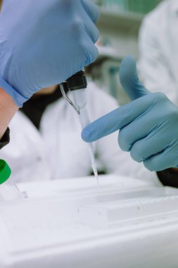 İtalya - 14 Şubat 2024: Araştırma laboratuvarında bilimsel deney sırasında çözümleri aktarmak ve karıştırmak için pipetini kullanan araştırmacı.