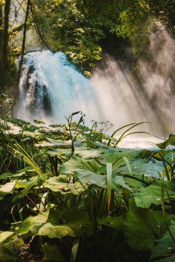 Marmore, İtalya - 19 Ağustos 2025: Cascata delle Marmore 'un tam yaz atmosferinde geniş açı manzarası.