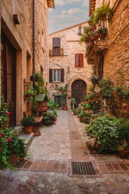 Spello, İtalya - 18 Ağustos 2025: Tarihi Umbrian kasabasında çiçeklerle ve kemerlerle zenginleştirilmiş büyüleyici bir taş avlu caddesi manzarası.