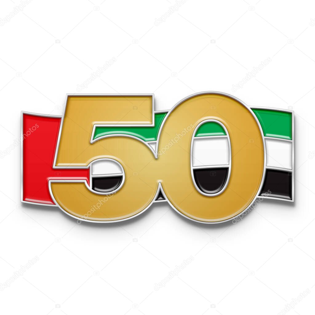 50 years of UAE. National Day Celebration. Number 50 in golden color with UAE National Flag. Enamel Pin.
