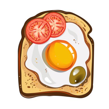   Yumurtalı, zeytinli ve domatesli tost. Vektör illüstrasyonu. 