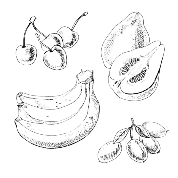 Serie Schizzi Varie Bacche Frutta Kumquat Cumquat Ciliegia Banana Mela — Vettoriale Stock